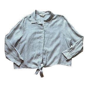 H&M Linen Green & White Striped Button-Up Women's Top XL